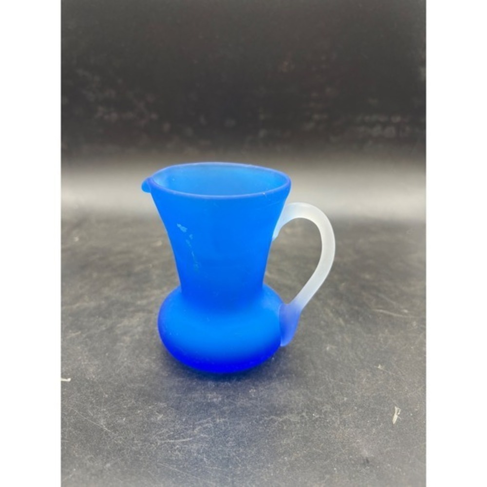 Vintage Cobalt Blue Satin Glass Miniature Pitcher Frosted Small Creamer 3.5"